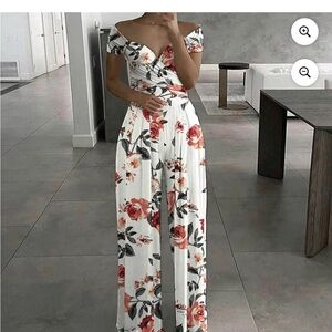 Red and White Floral Jumpsuit with Plunging V-Neckline